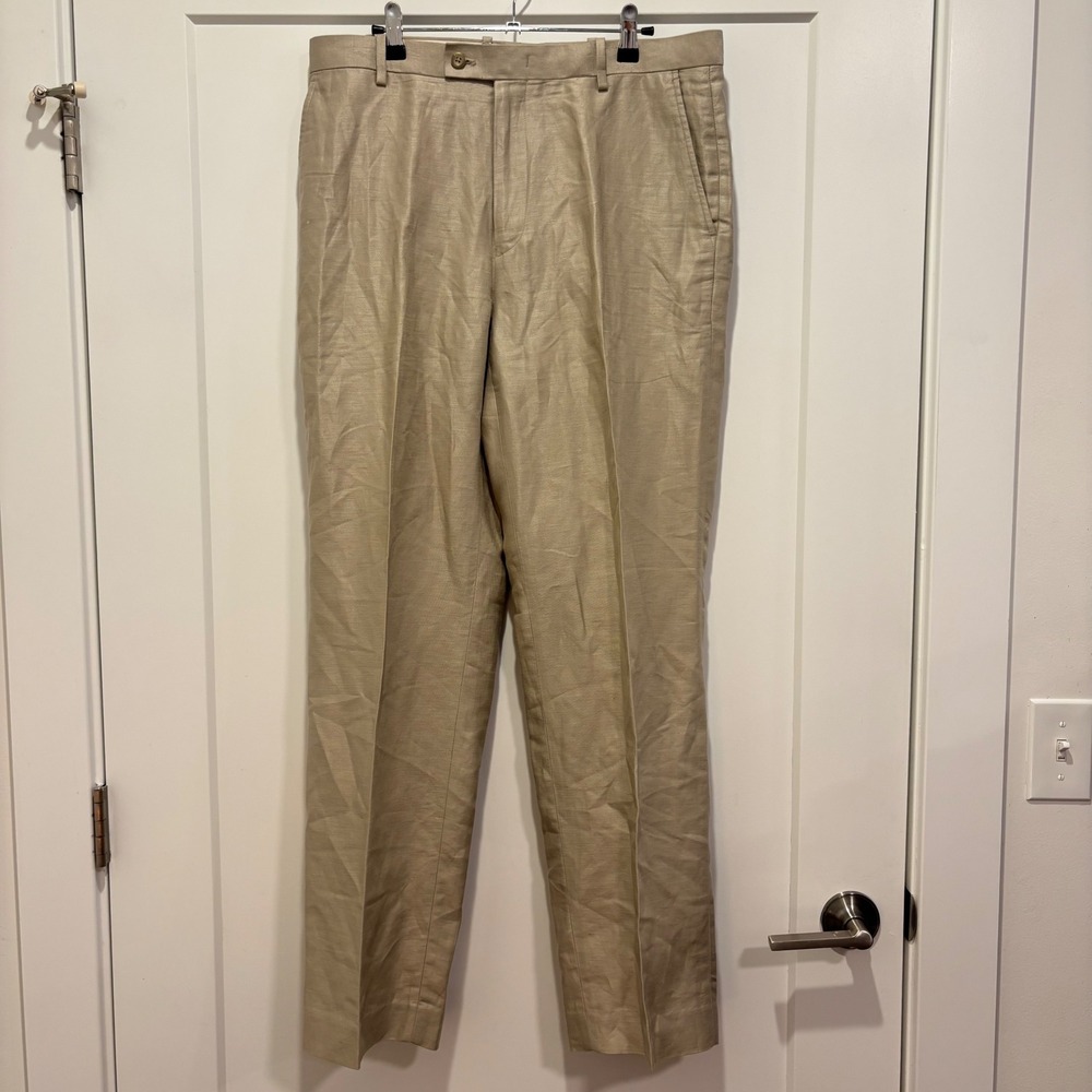 Material London Mens Khaki Linen Cotton Blend Dress Pants 33W 32L Tan Flat Front